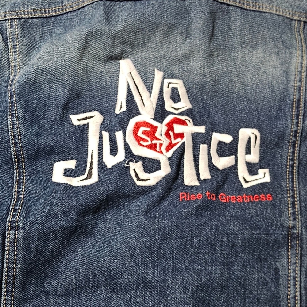 De Leon USA‎ Denim Vest Blue Graphic No Justice Rise to Greatness Mens Large - Picture 9 of 13